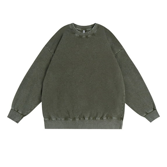 XAOWF Men'S Distressed Sweatshirt Solid Color Round Neck Washed Vintage Oversized Loose Fit Drop Sleeve Stylish Pullover Street Style 2025 Autumn Versatile Trendy Tops