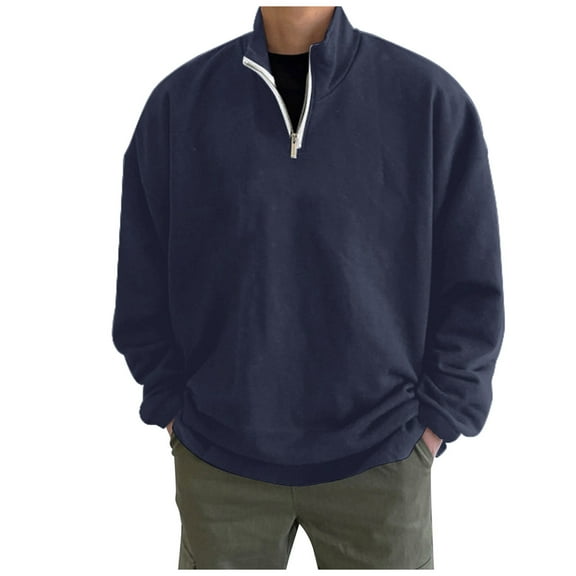 XAOWF Men'S Quarter-Zip Casual Sweatshirt Solid Color Stand Collar Stylish Loose Fit Long Sleeve Pullover Everyday Wear 2025 Autumn Comfort Breathable Tops
