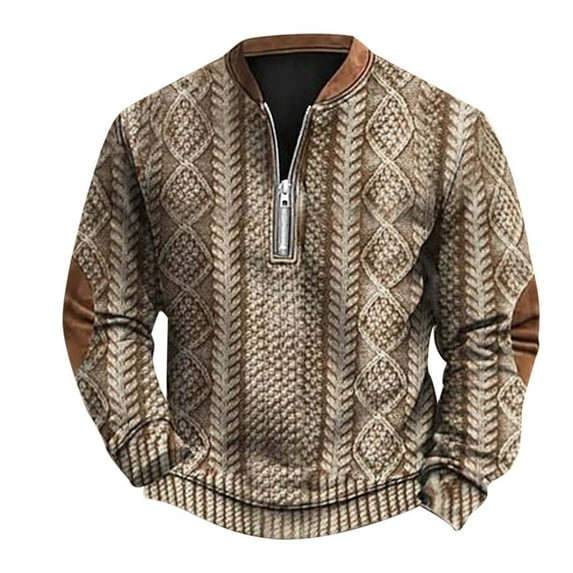 XAOWF Men'S Quarter-Zip Sweatshirt Soilid Color Casual Round Neck 3D Printed Knitted Stylish Long Sleeve Pullover Everyday Wear 2025 Autumn Comfort Breathable Tops