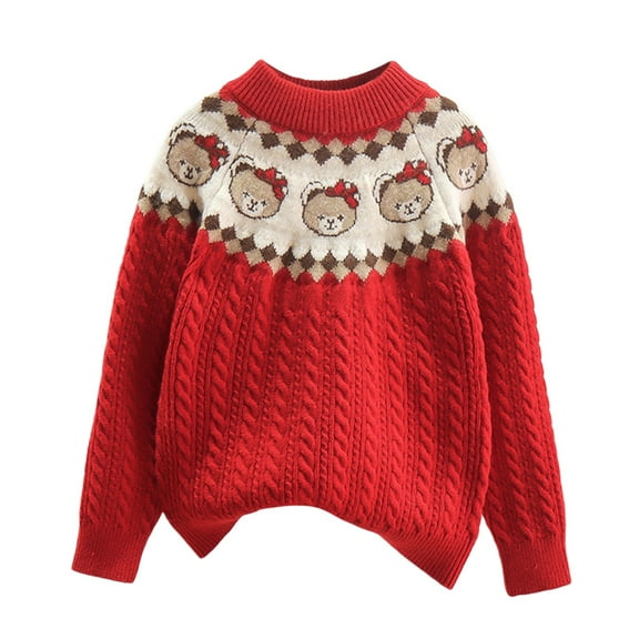 XAOWF Toddler Kids Girls Bulky Yarn Sweaters Cute Animal Graphic Long Sleeve Thickened Casual Knitwear Daily Wear Relaxed Fit Versatile Tops 6-7 Years