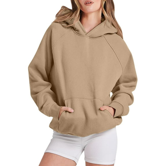 XAOWF Women'S Casual Solid Color Hoodie Oversized Loose Fit Drop Sleeve Fashionable Sweatshirt With Kangaroo Pocket Street Style 2025 Comfort Breathable Pullover