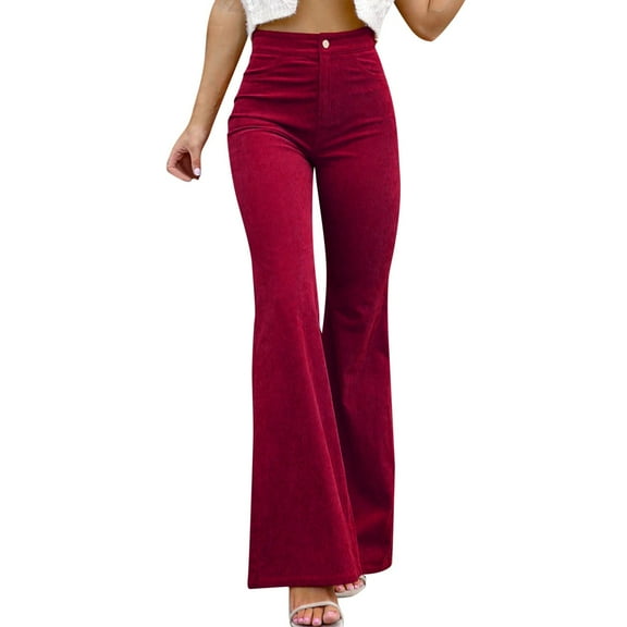 XAOWF Women'S Corduroy Bell Bottom Pants Solid Color Classic Mid Waist Stylish Slim Fit Casual Flare Pants Street Style 2025 Breathable Trendy Trousers