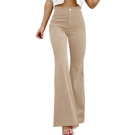 XAOWF Women'S Corduroy Bell Bottom Pants Solid Color Classic Mid Waist Stylish Slim Fit Casual Flare Pants Street Style 2025 Versatile Trendy Trousers