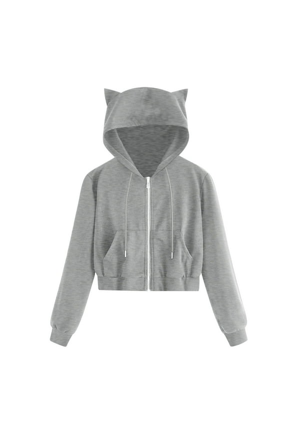 Women'S Long Sleeve Crop Hooded Solid Color Cute Cat Ear Casual Slim Fit Zip-Up Sweatshirt With Pockets Street Style 2025 Comfort Breathable Pullover