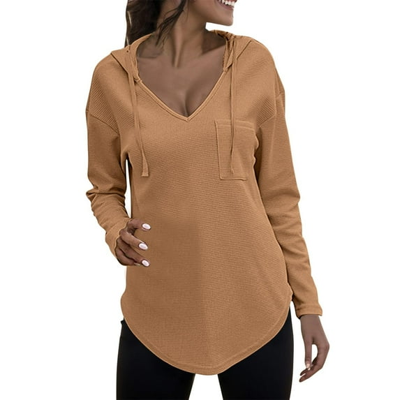 XAOWF Women'S V-Neck Hooded Solid Color Long Sleeve Loose Fit Fashionable Drawstring Sweatshirt With Kangaroo Pockets Arc Hem 2025 Comfort Breathable Pullover