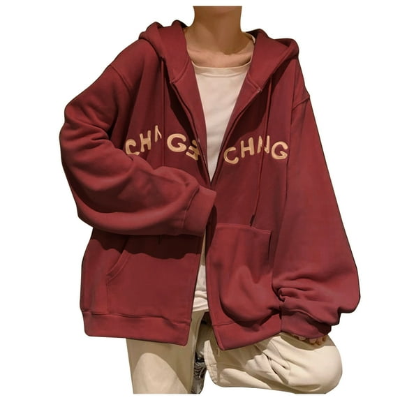 XAOWF Women'S Zip-Up Oversized Casual Hooded Letter Printed Loose Fit Fashionable Long Sleeve Sweatshirt With Pockets Everyday Wear 2025 Comfort Breathable Pullover