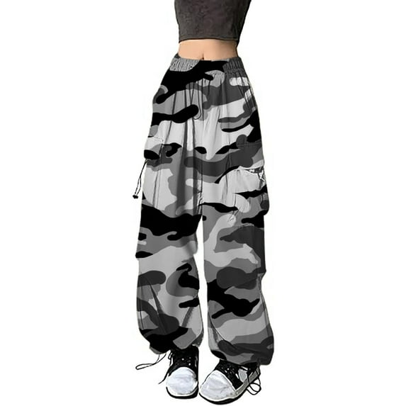 XAOWF Womens Cargo Pants Elastic Waist Drawstring Fashion Camo Printed Loose Fit Wide Leg Slacks Hip Hop Style Women'S Tailored Trousers