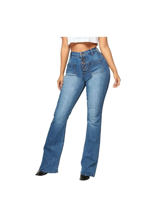 Womens Casual Mid Waist Flare Jeans Solid Color Comfortable Breathable Slim Fit Fashion Denim Bell-Bottoms Street Style Women'S Tailored Trousers