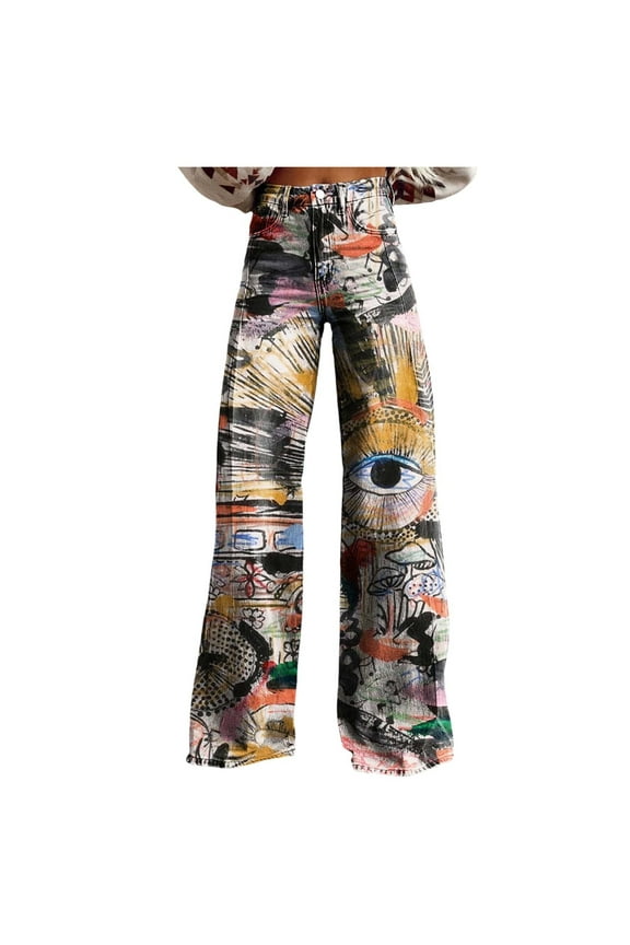 Womens Wide Leg Jeans Fashion High Waisted Casual Denim Pants 90S Floral Printed Loose Fit Slacks Y2K Style Work Trousers For Women