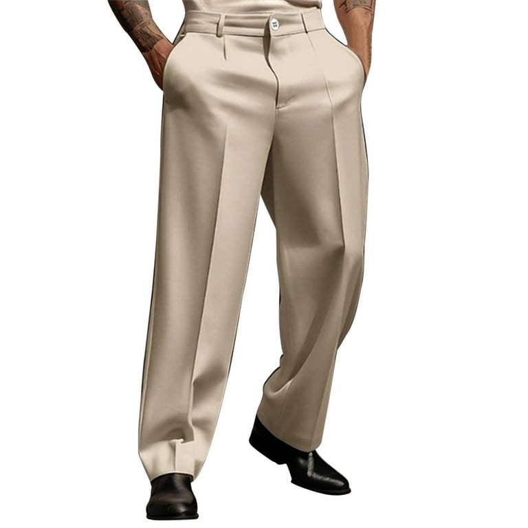 XASZHN Men Pants Solid Color Simple Business Casual Straight Suit Pants Pants Khaki XXXL