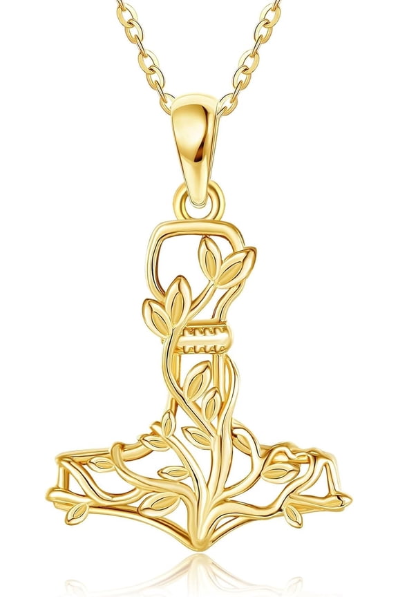 14K Gold Thor Hammer Necklace 14K Solid Gold Mjolnir Tree of Life Pendant Necklace Gold Norse Viking Jewelry Gifts for Women