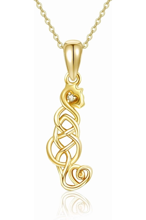 14k Real Gold Cat Necklace Yellow Gold Celtic Knot Cat Pendant Jewelry Gifts for Women