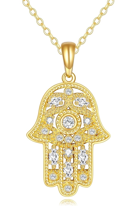 14k Yellow Gold Hamsa Hand Necklace Moissanite Hamsa Hand of Fatima Pendant Necklace Hamsa Hand Jewelry Gifts for Women