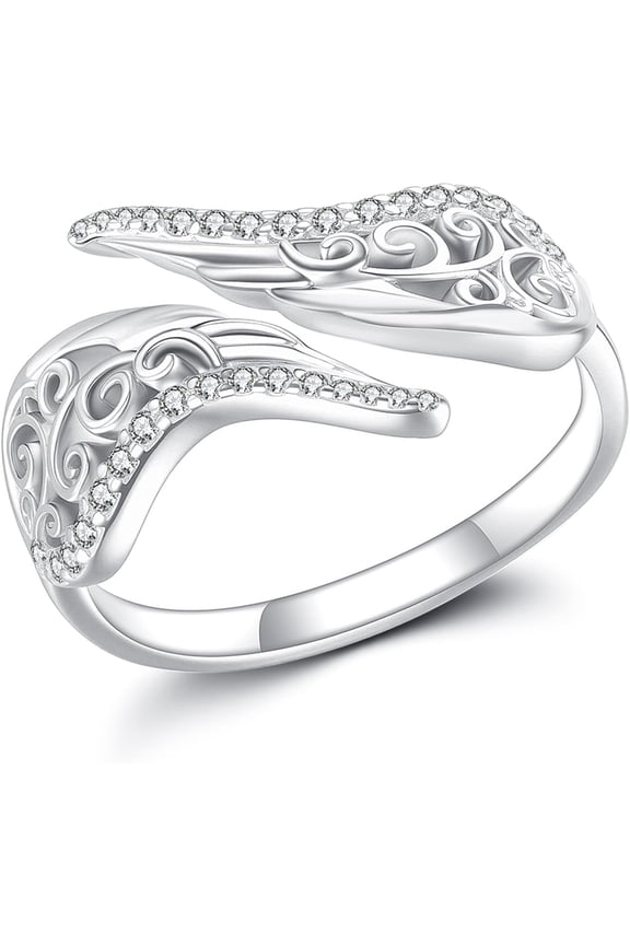 Angel Wings Ring 925 Sterling Silver Filigree Wings Adjustable Ring Angle Jewelry Gift for Women