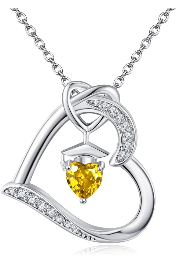 Birthstone Graduation Necklace S925 Sterling Silver Class of 2024 Bachelor Cap Necklaces Class of 2025 Heart Pendant College High School Graduation Jewelry Gifts for Women