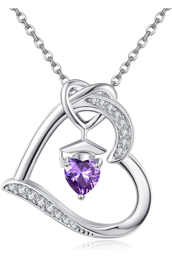 Birthstone Graduation Necklace S925 Sterling Silver Class of 2024 Bachelor Cap Necklaces Class of 2025 Heart Pendant College High School Graduation Jewelry Gifts for Women (February-Amethyst)