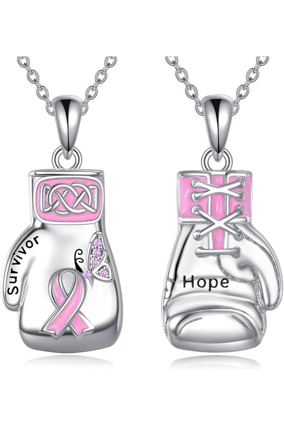 Breast Cancer Awareness Boxing Gloves Necklace 925 Sterling Silver Boxing Pink Ribbon with Butterfly Pendant Survivor Jewelry for Women Mom Wife