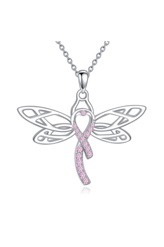 Breast Cancer Awareness Survivor Necklace 925 Sterling Silver Breast Cancer Survivor Ribbon Dragonfly Pendant Necklace Jewelry for Women