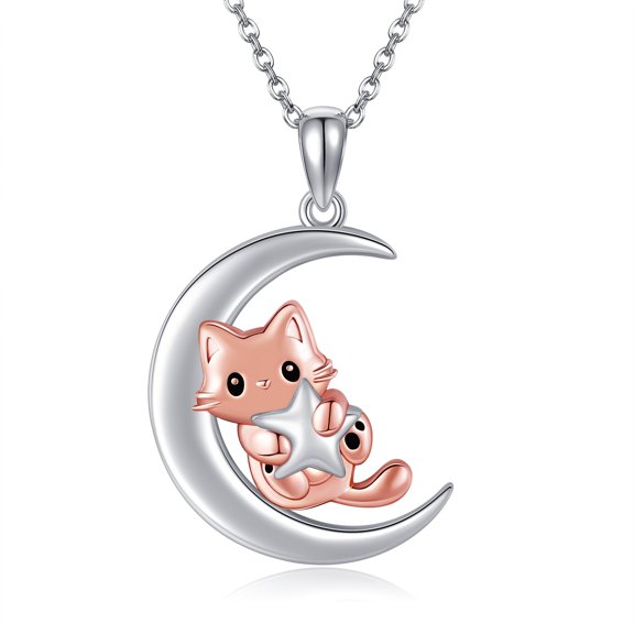 XATENJE Cat Necklace 925 Sterling Silver Cat Moon Pendant Necklace Kitten Cat Jewelry Gifts for Women Cat Lovers