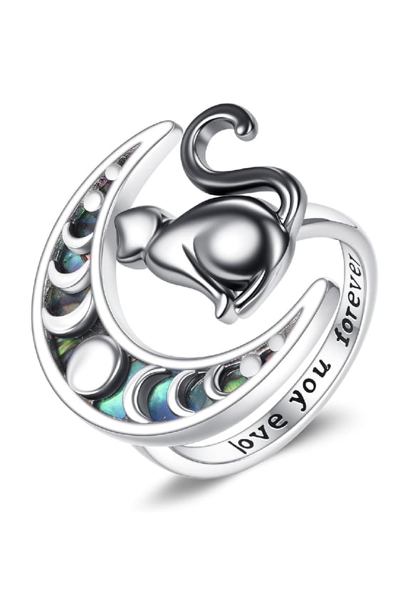 Cat Ring 925 Sterling Silver Abalone Moon Phase Ring Black Cat Jewelry Gifts for Women