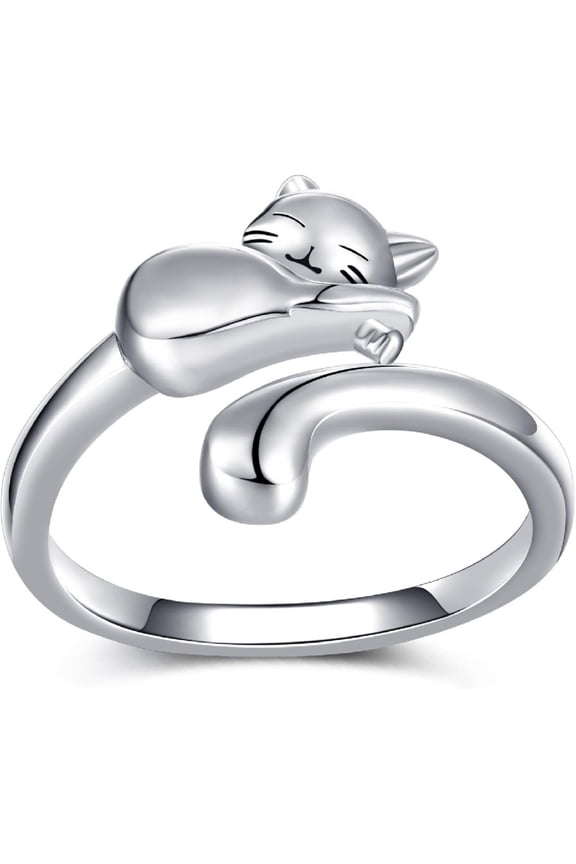 Cat Ring 925 Sterling Silver Cat Adjustable Open Ring for Women Animal Jewelry Gift