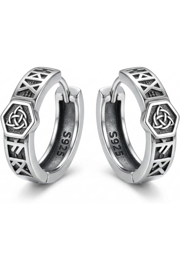 Celtic Knot Earrings 925 Sterling Silver Viking Runes Hoop Earrings Ancient Nordic Jewelry Gift for Women Men