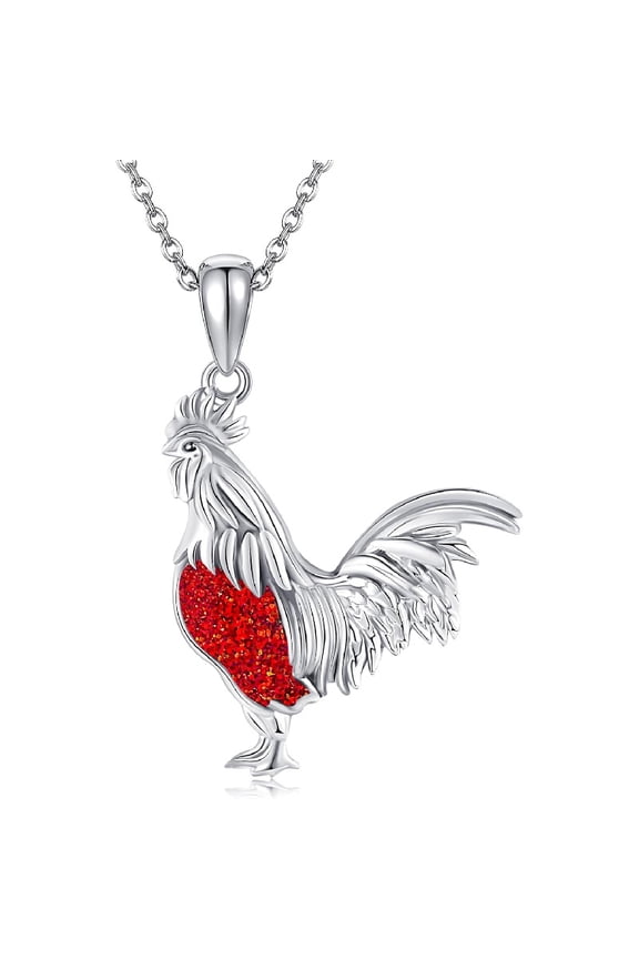 Chicken Necklace 925 Sterling Silver Red Opal Rooster Pendant Chicken Jewelry for Women