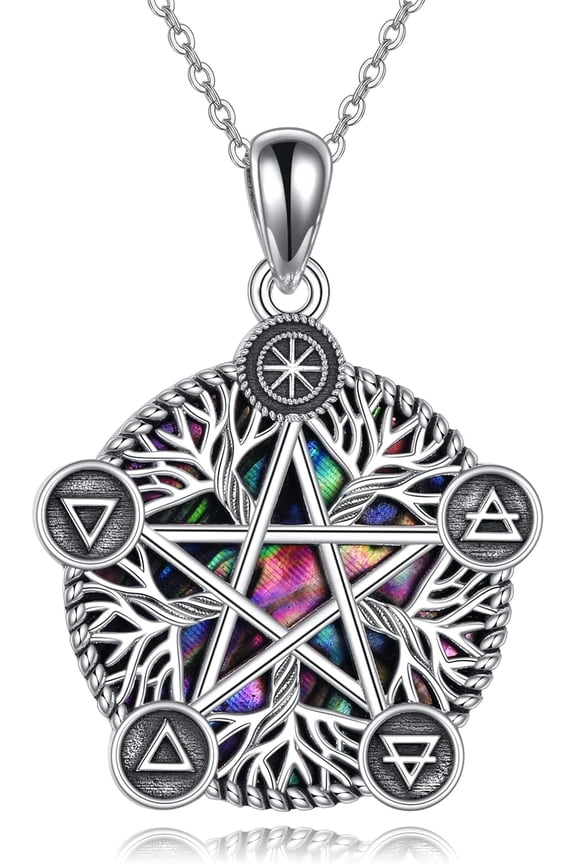 Christmas Jewelry Gifts Tree of Life Pentagram Necklace 925 Sterling Silver Abalone Shell Pentacle Wicca Pagan Jewelry for Women Men