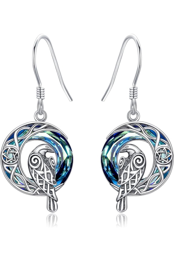 Crystal Raven Earrings Sterling Silver Crow Viking Odin Bird Drop Earrings Blue Crystal Raven on Moon Jewelry Gifts for Women