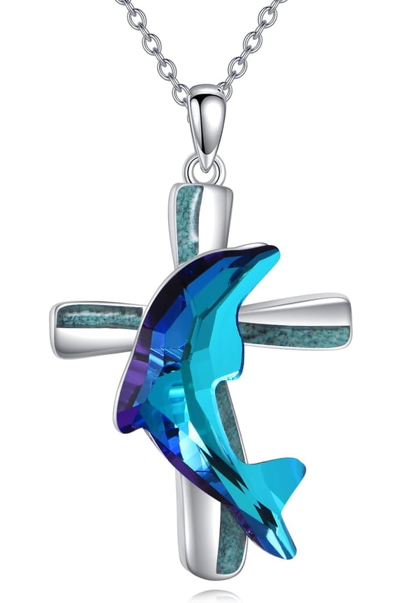 Dolphin Cross Necklace 925 Sterling Silver Cross Turquoise Pendant Crystal Dolphin Jewelry for Women Lover