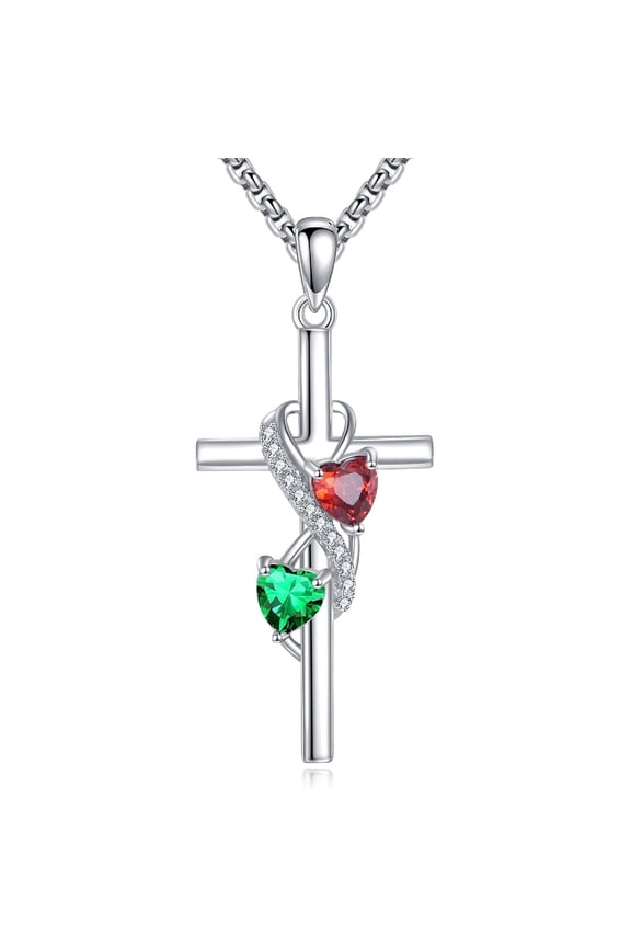 Double Heart Birthstone Necklace for Women 925 Sterling Silver 2 Birthstone Cross Pendant Jewelry Gift for Her