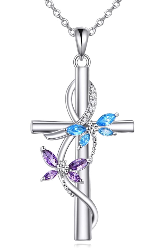 Dragonfly Cross Necklace 925 Sterling Silver Dragonfly Cross Pendant Necklace Jewelry for Women Gifts