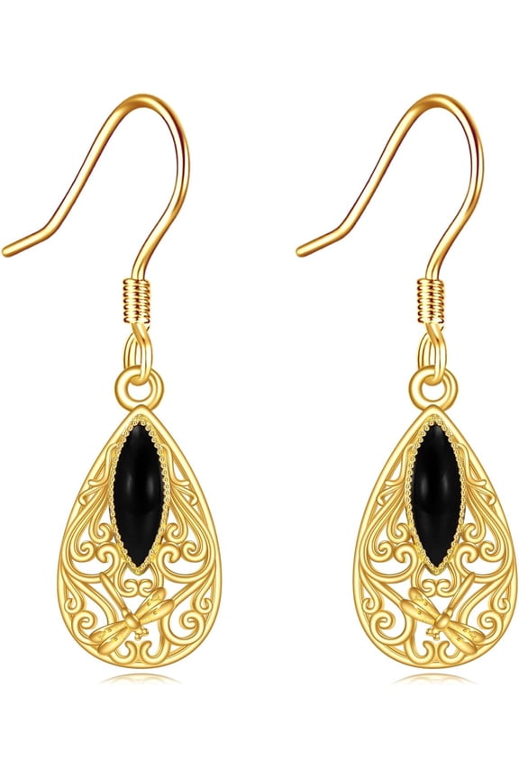Dragonfly Filigree Earrings 14k Solid Gold Black Onyx Dangle Drop Earrings Filigree Jewelry Gifts For Women