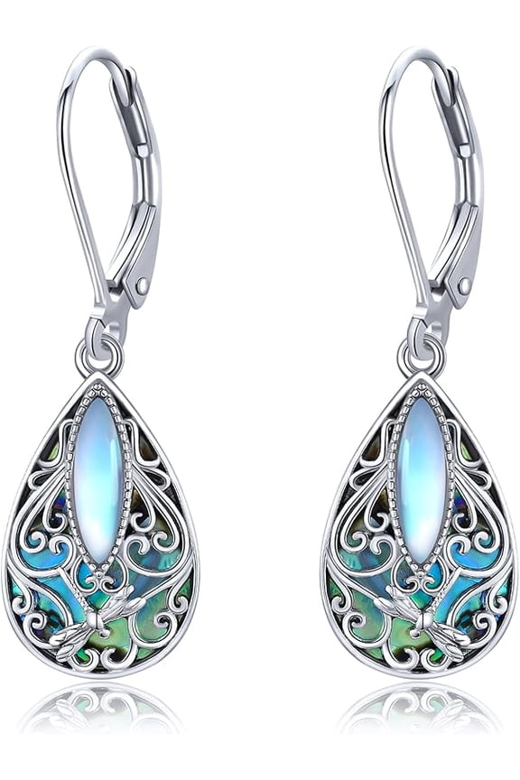 Dragonfly Filigree Earrings Sterling Silver Teardrop Abalone Shell Drop Dangle Earring Filigree Leverback Earrings Gifts for Women Jewelry