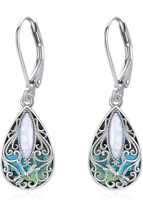 Dragonfly Filigree Earrings Sterling Silver Teardrop Opal Filigree Leverback Earrings Gifts for Women Jewelry
