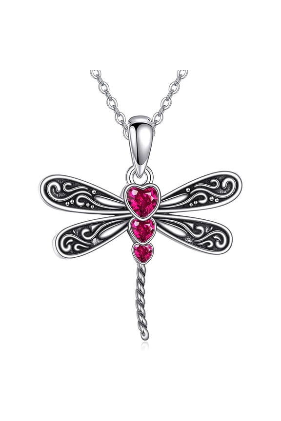 Dragonfly Necklace 925 Sterling Silver Heart JulyBirthstone Pendant Cute Dragonfly Jewelry Gift for Women Lovers