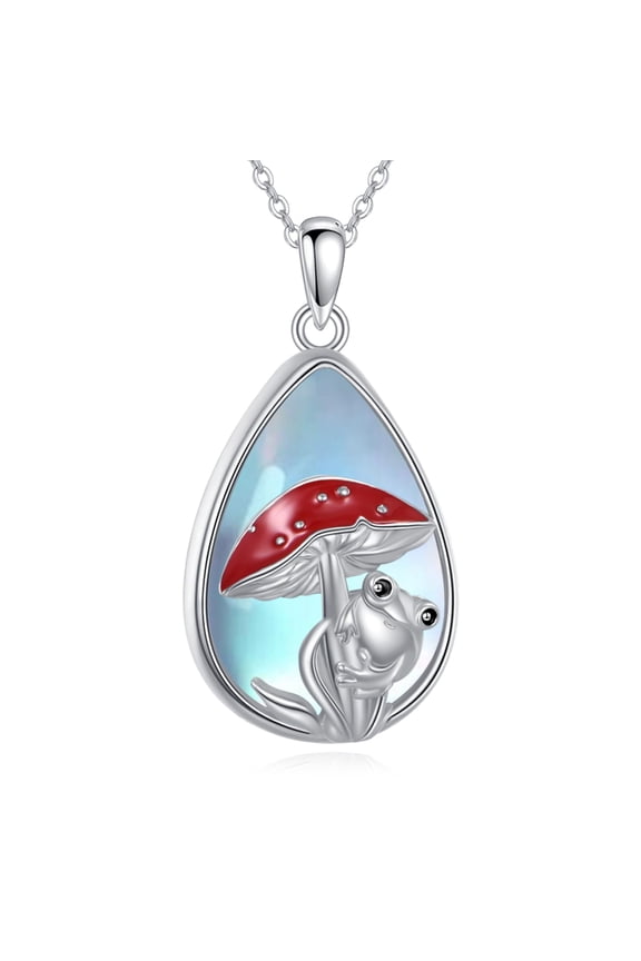 Frog Mushroom Necklace S925 Sterling Silver Moonstone Teardrop Pendant Frog Red Mushroom Jewelry Gifts for Women Lady