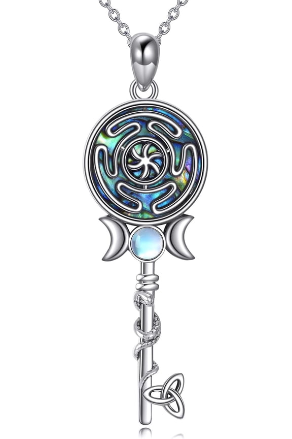 Hecate Snake Necklace 925 Sterling Silver Moonstone Triple Moon Goddess Key Pendant Hekate Wheel Sigil Jewelry for Women