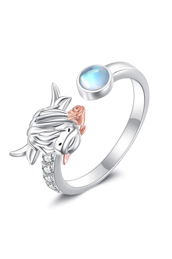 Highland Cow Ring 925 Sterling Silver Moonstone Cow Open Rings Cute Aniamal Jewelry Gifts for Women