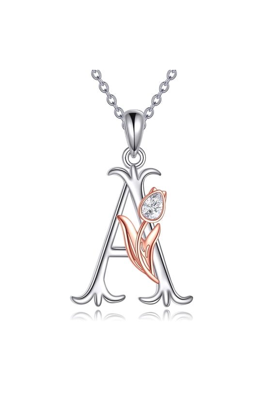 Initial Tulip Necklace 925 Sterling Silver Tulip Flower Initial A Pendant Alphabet Letter Script Name Necklace Jewelry Gifts for Women
