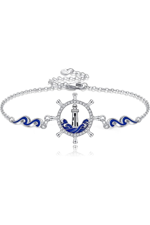 Lighthouse Bracelet for Women 925 Sterling Silver Compass Rudder Bracelet Lighthouse Jewelry Gift for Mother Lover