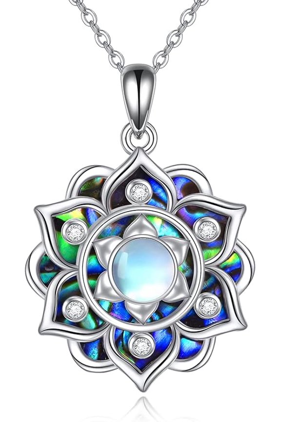 Lotus Necklace 925 Sterling Silver Moonstone Pendant Necklace Yoga Lotus Jewelry for Women