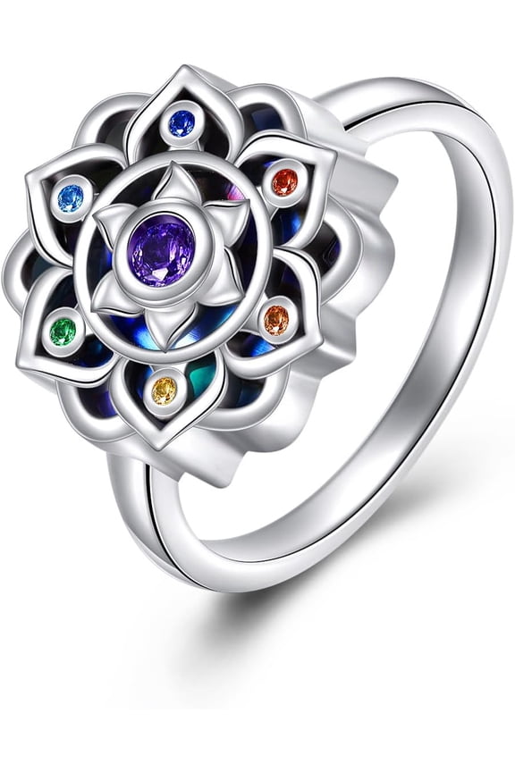 Lotus Ring 925 Sterling Silver Mandala Chakra Ring Lotus Yoga Jewelry Gifts for Women