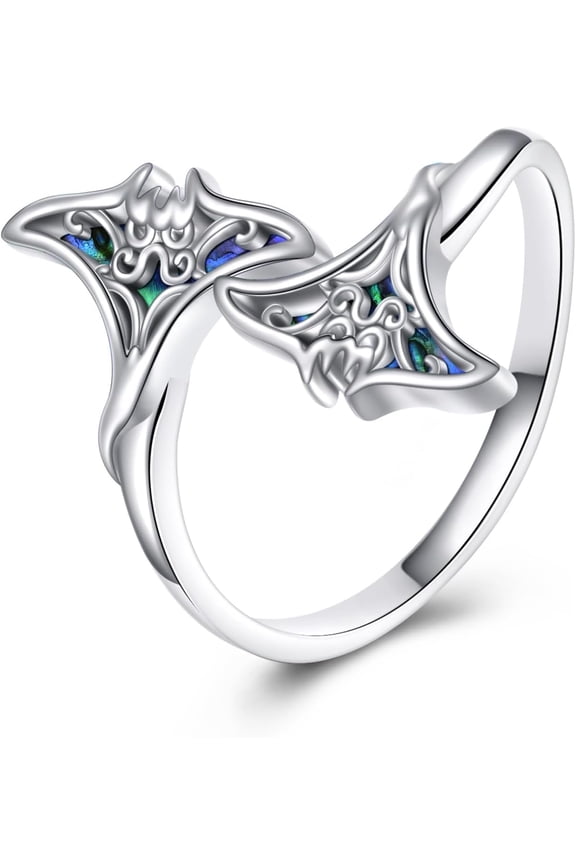 Manta Ray Ring 925 Sterling Silver Abalone Shell Stingray Ring Ocean Animal Jewelry Gift