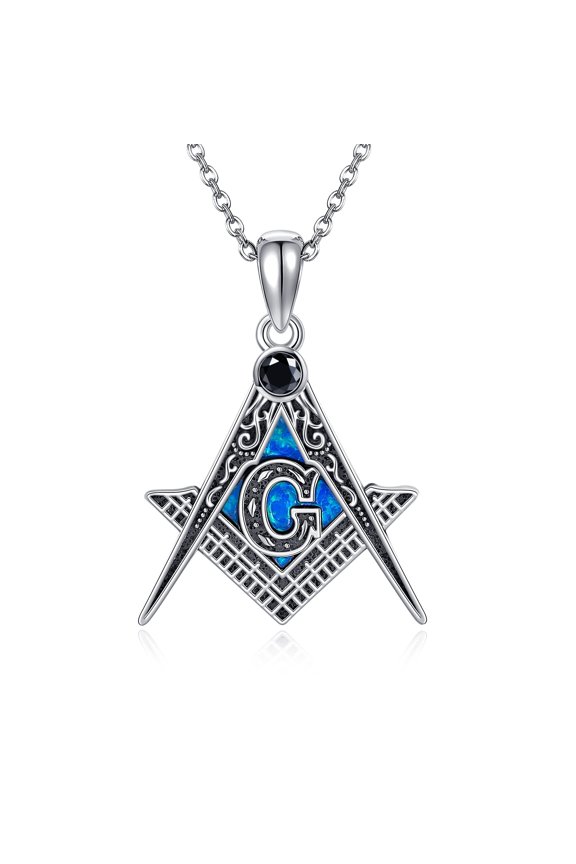 Masonic Necklace Sterling Silver Blue Opal Freemason Pendant Masonic Freemasonry Jewelry for Men Women Father