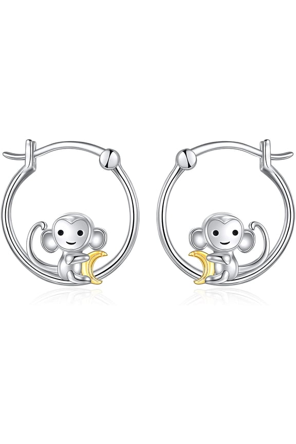 Monkey Earrings Sterling Silver Cute Banana Hoop Earrings Animal Jewelry Gifts for Women