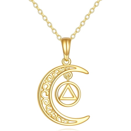 XATENJE Moon AA Sobriety Necklace 14K Solid Real Gold Alcoholics Anonymous Pendant AA Recovery Symbol 1 Year Sober Jewelry for Women