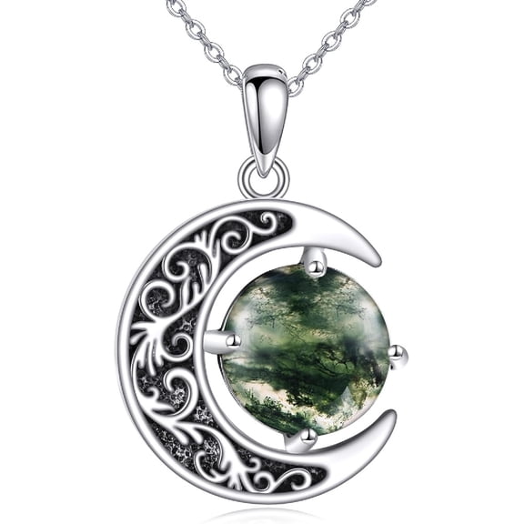XATENJE Moss Agate Moon Necklace for Women 925 Sterling Silver Filigree Moon Pendant Necklaces Jewelry Gifts