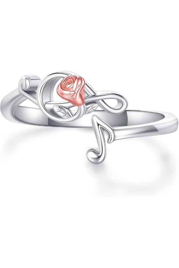 Music Rings 925 Sterling Silver Rose Music Note Open Ring Musical Jewelry for Women
