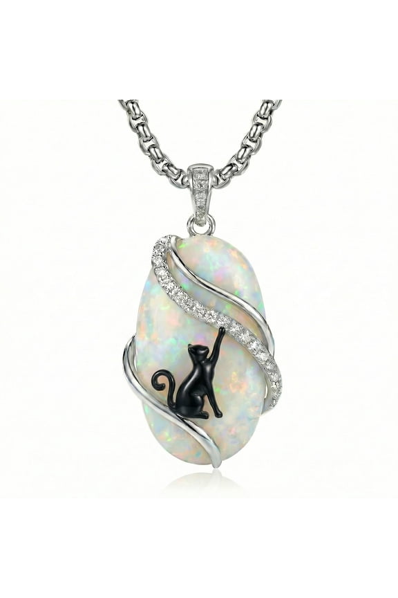 Opal Black Cat Necklace Opal Necklace Cat Jewelry Gifts for Women Men
